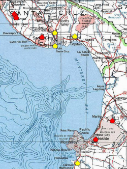 A red polygon indicates an extant occurrence; yellow indicates the occurrence has been extirpated. 